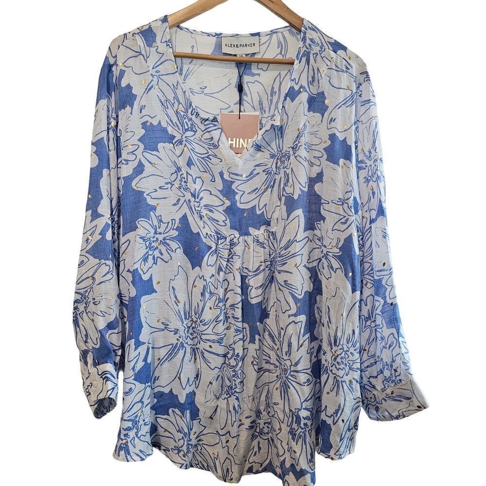 Alex & Parker Blouse Womens 3XL Blue Floral V-Neck Gold Accent Boho Relaxed